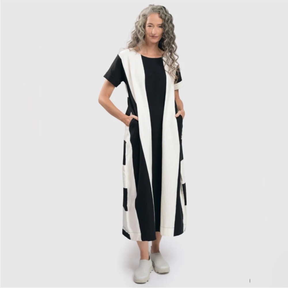 Alembika Urban Anna striped A line maxi dress pockets oversized lagenlook sz XS